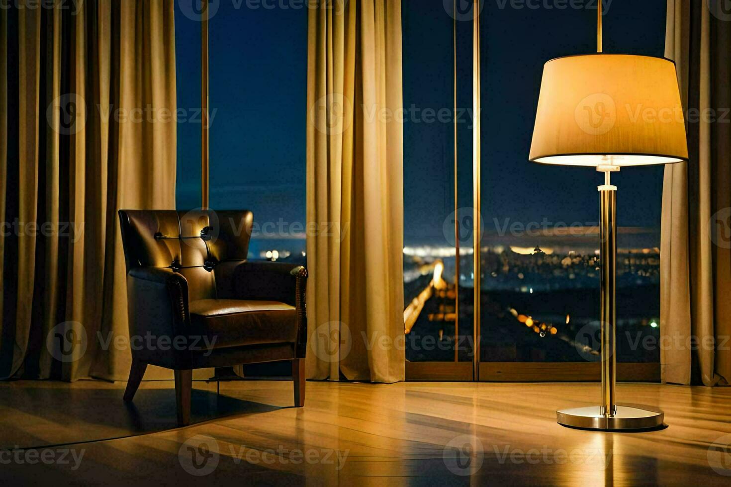 a chair and lamp in front of a window. AI-Generated photo