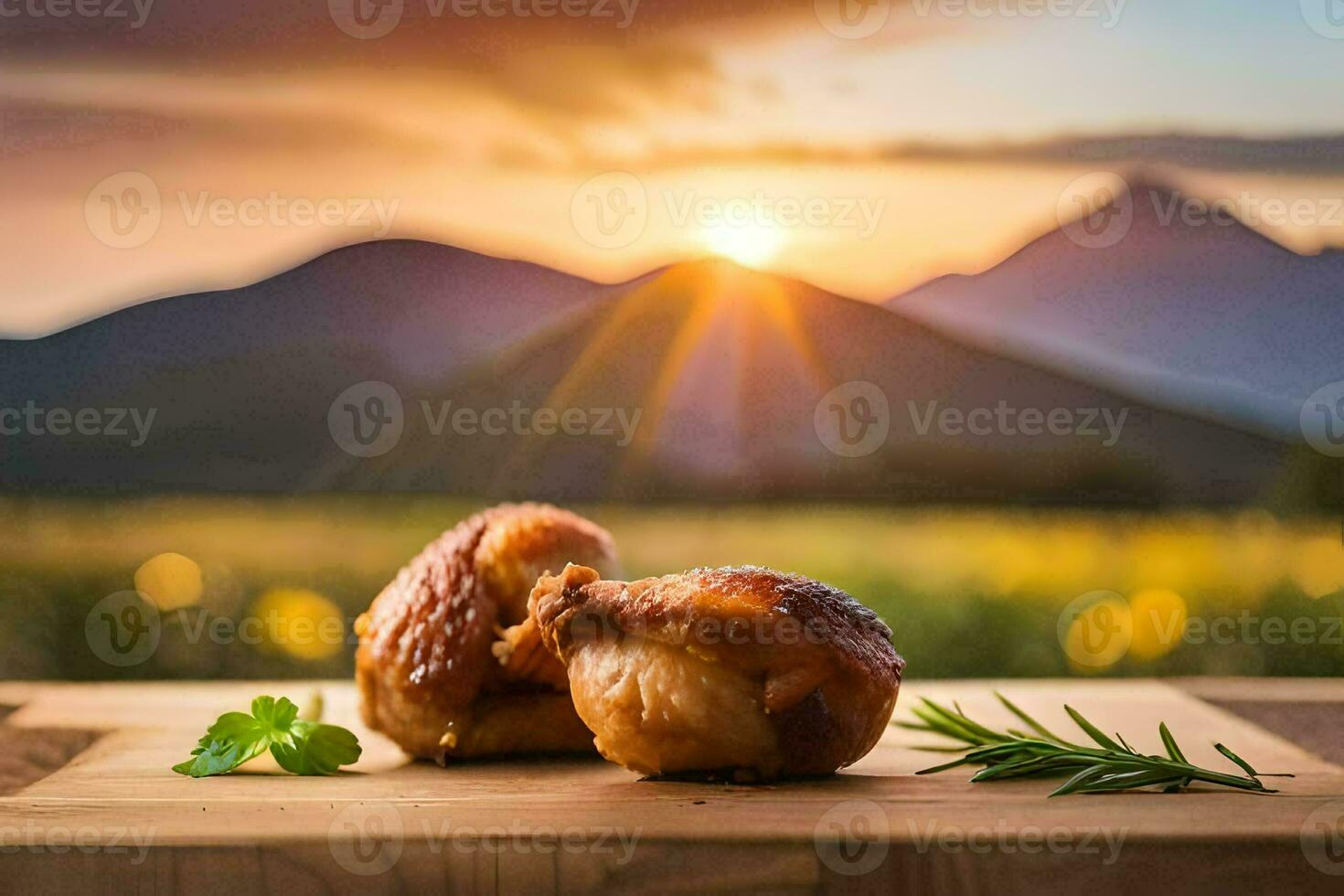 chicken on a wooden board with mountains in the background. AI-Generated photo
