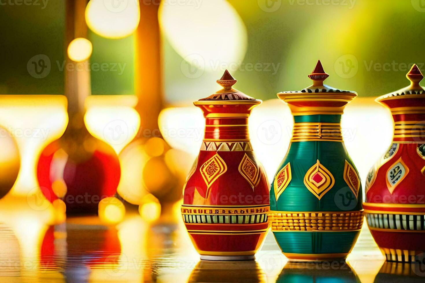 three colorful vases on a table with a bright light. AI-Generated photo