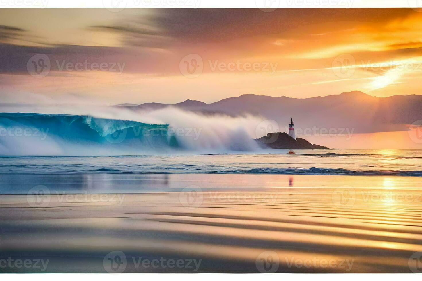 a lighthouse and waves crashing into the ocean at sunset. AI-Generated photo