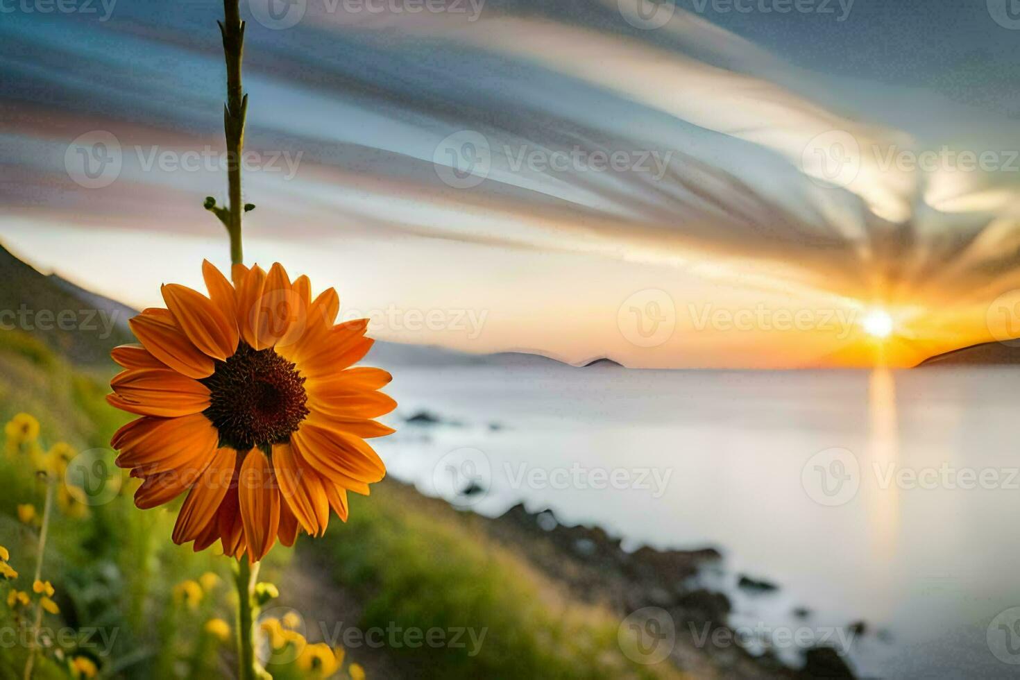 sunflower, the sea, sunrise, the mountains, nature, hd wallpaper. AI-Generated photo