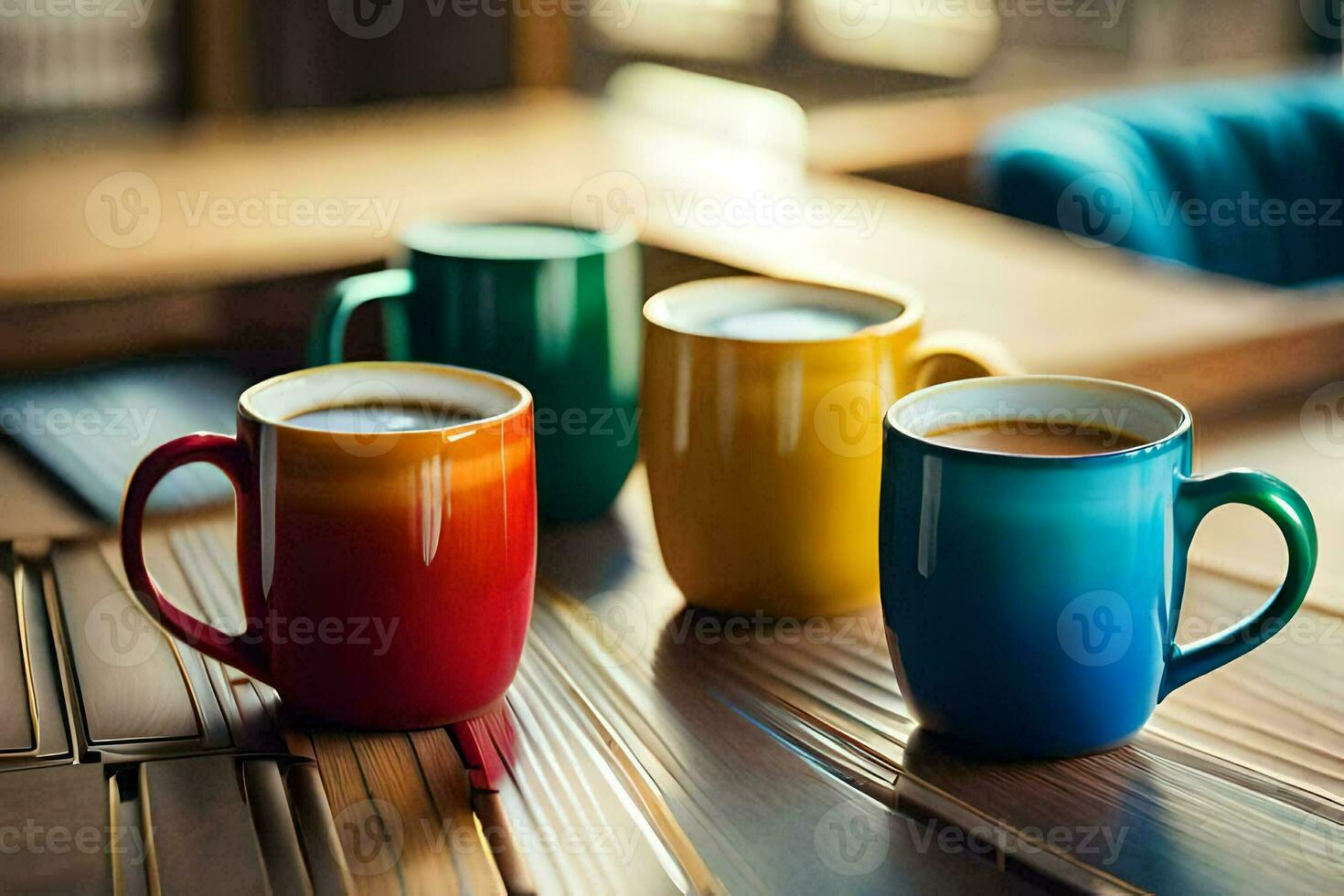 three colorful coffee mugs sit on a table. AI-Generated photo