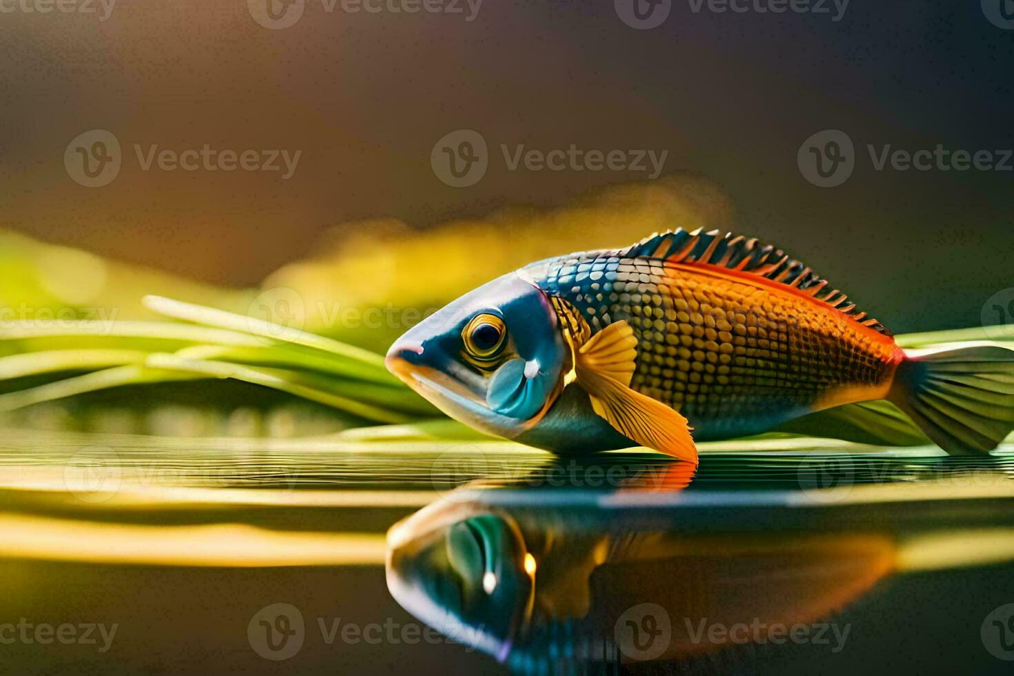 a fish is sitting on the water with grass. AI-Generated photo