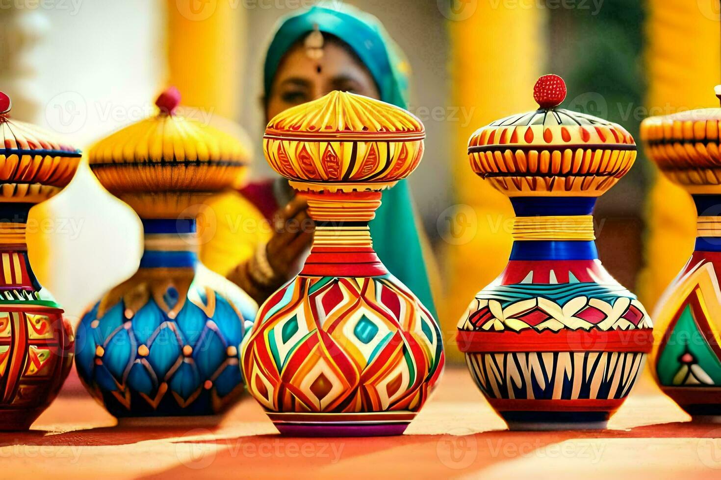 a woman in a sari is holding a colorful vase. AI-Generated photo