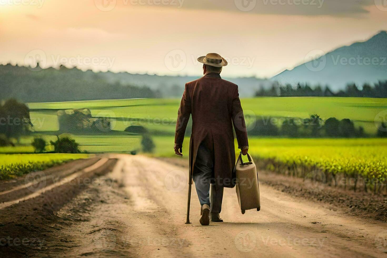 un hombre caminando abajo un suciedad la carretera con un maleta. generado  por ai 30863778 Foto de stock en Vecteezy