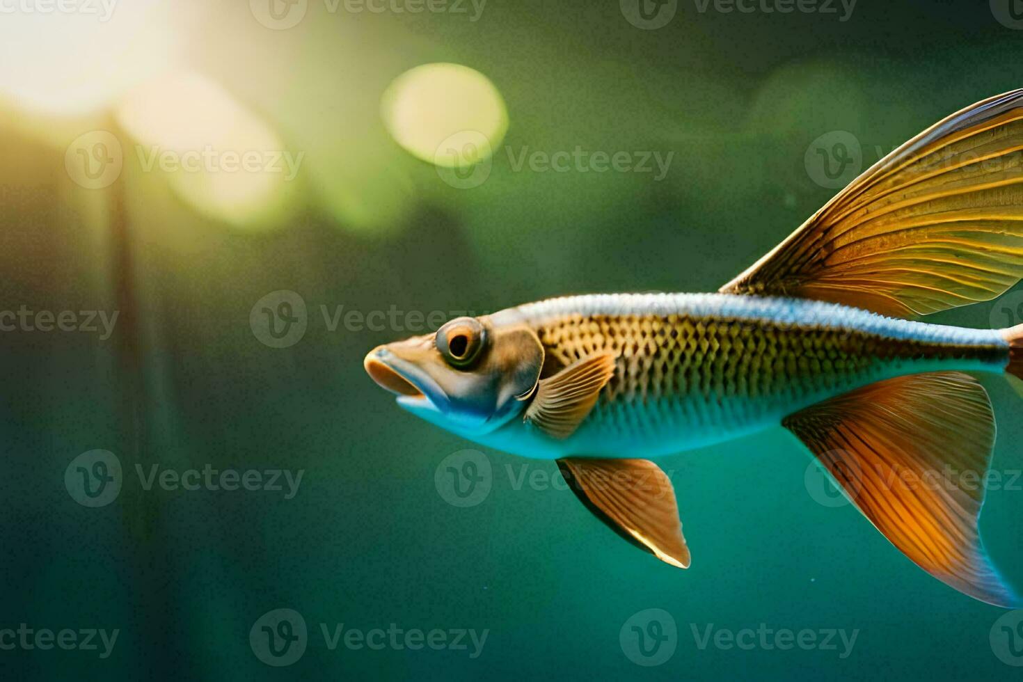 a fish swimming in the water with sunlight. AI-Generated photo