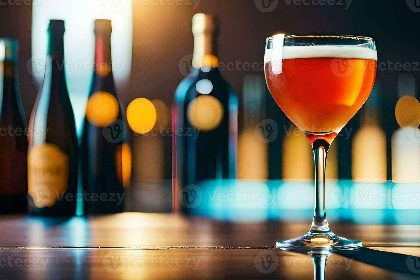 a glass of beer on a bar counter. AI-Generated photo