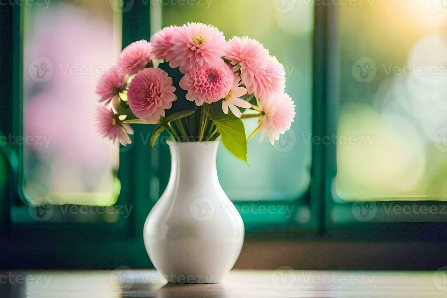 pink flowers in a vase on a table in front of a window. AI-Generated photo