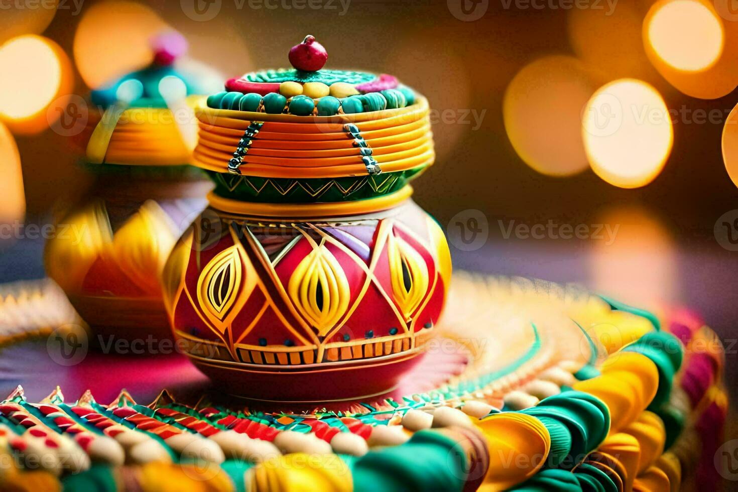 colorful vases on a table with lights. AI-Generated photo