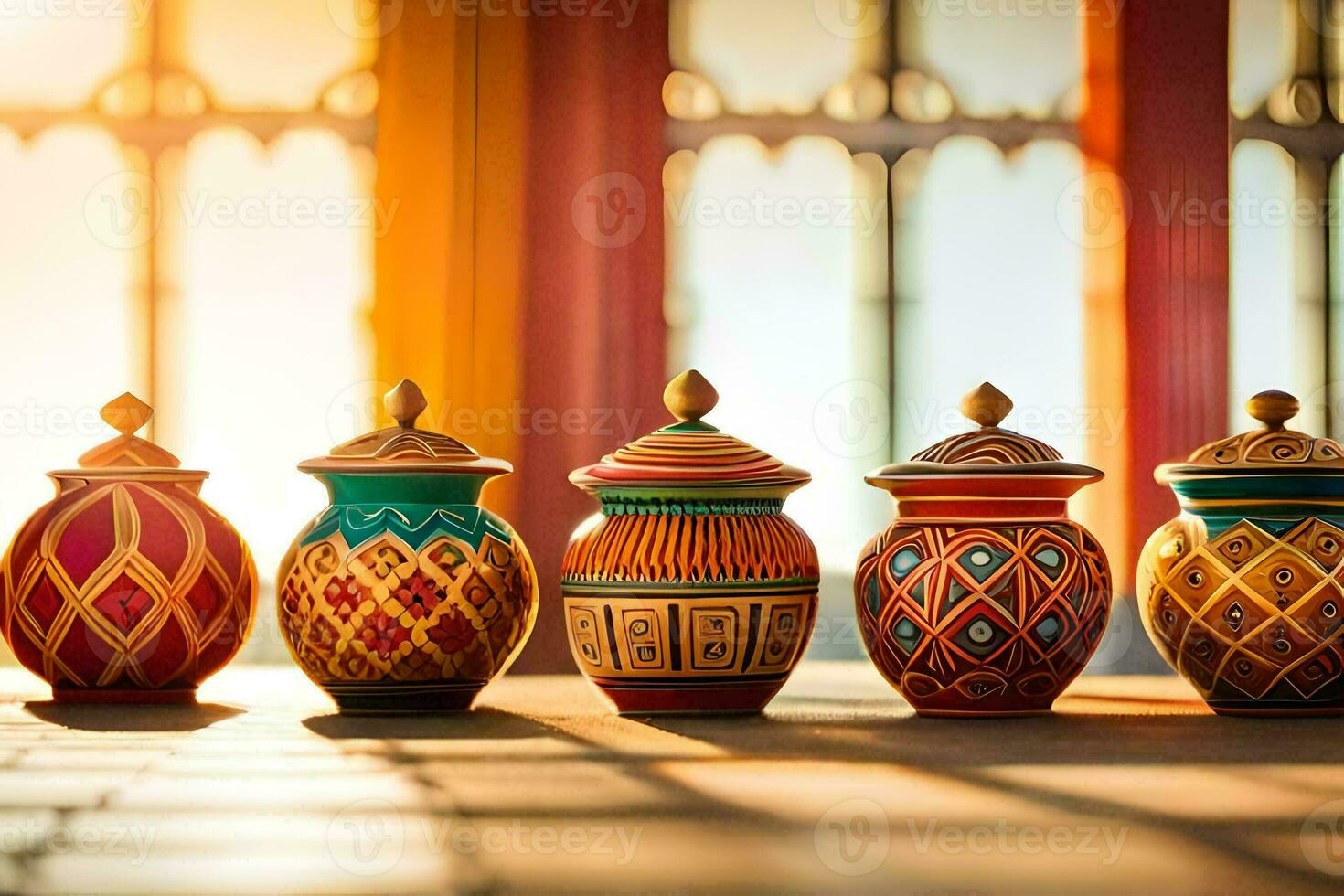 five colorful ceramic jars lined up on a table. AI-Generated photo