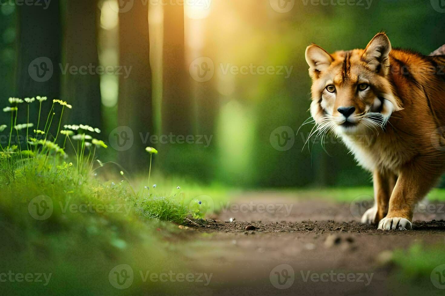 a brown cat walking on a path in the woods. AI-Generated photo