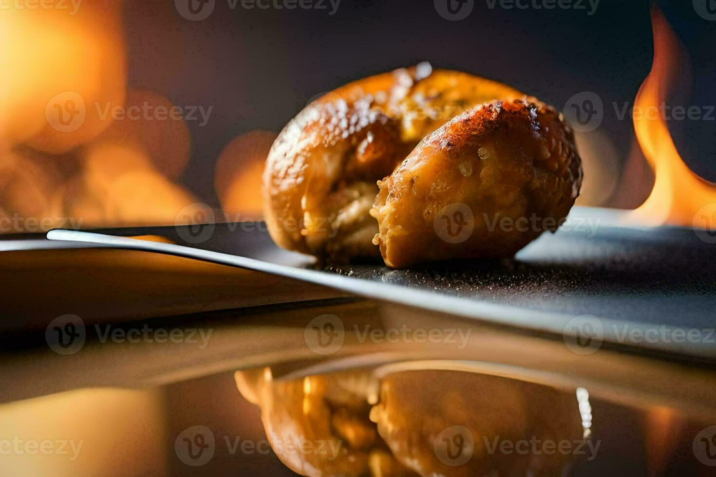 a piece of food sitting on a black plate in front of a fire. AI-Generated photo