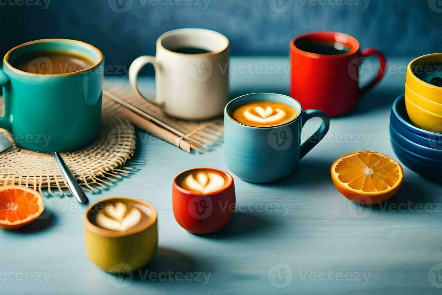 vistoso café tazas y naranjas en un azul mesa. generado por ai foto