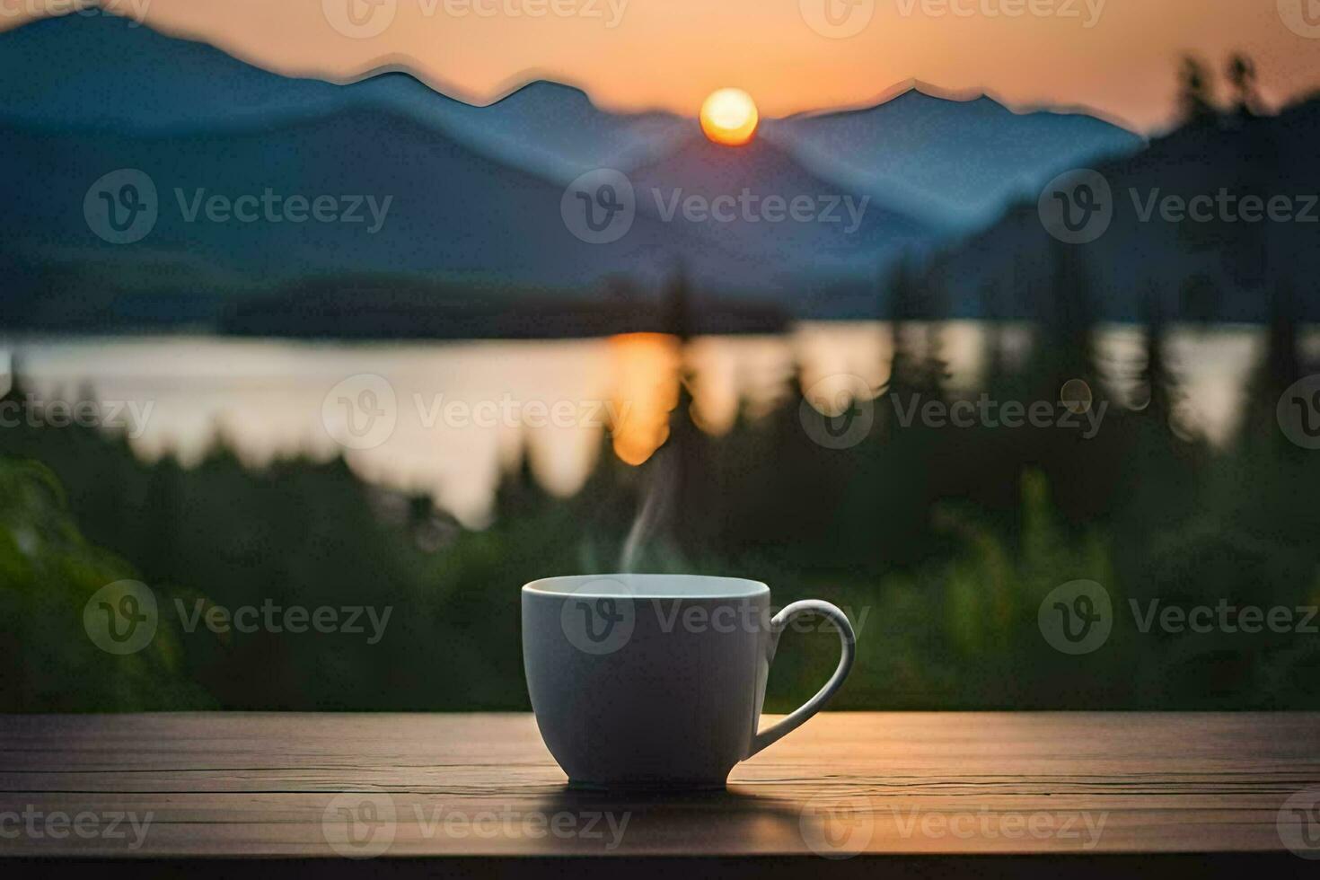 un taza de café en un mesa con montañas en el antecedentes. generado por ai foto