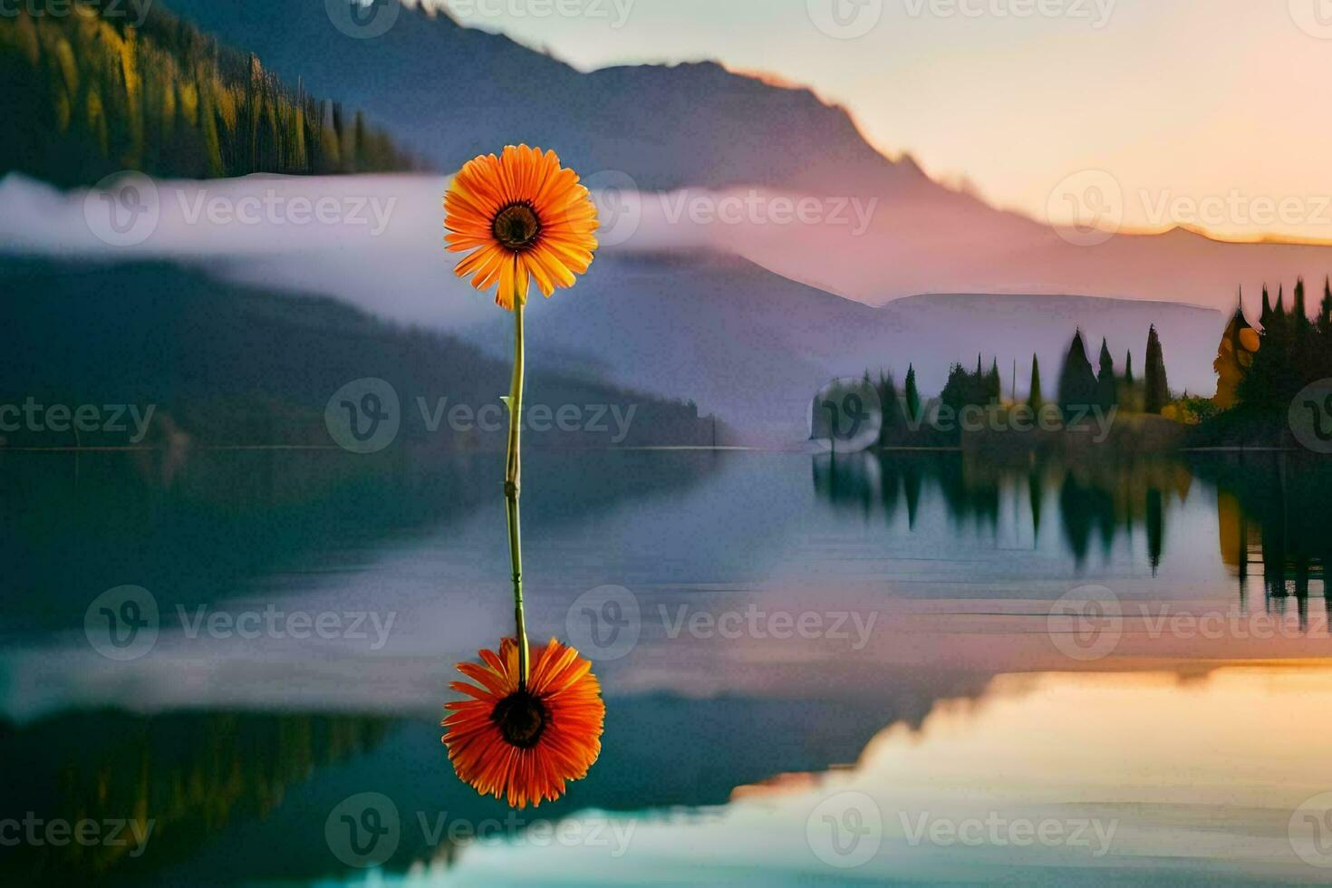 a single flower stands in the middle of a lake. AI-Generated photo