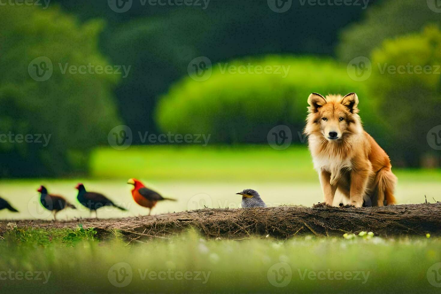 a dog and birds in a field. AI-Generated photo