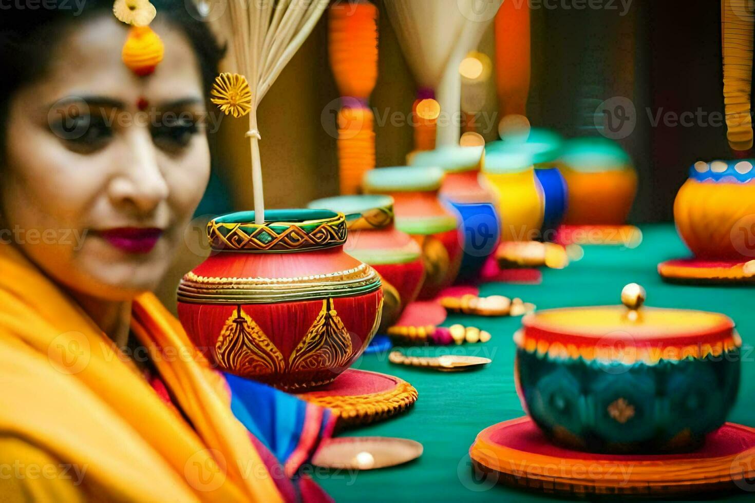 a woman in a colorful sari standing next to colorful pots. AI-Generated photo