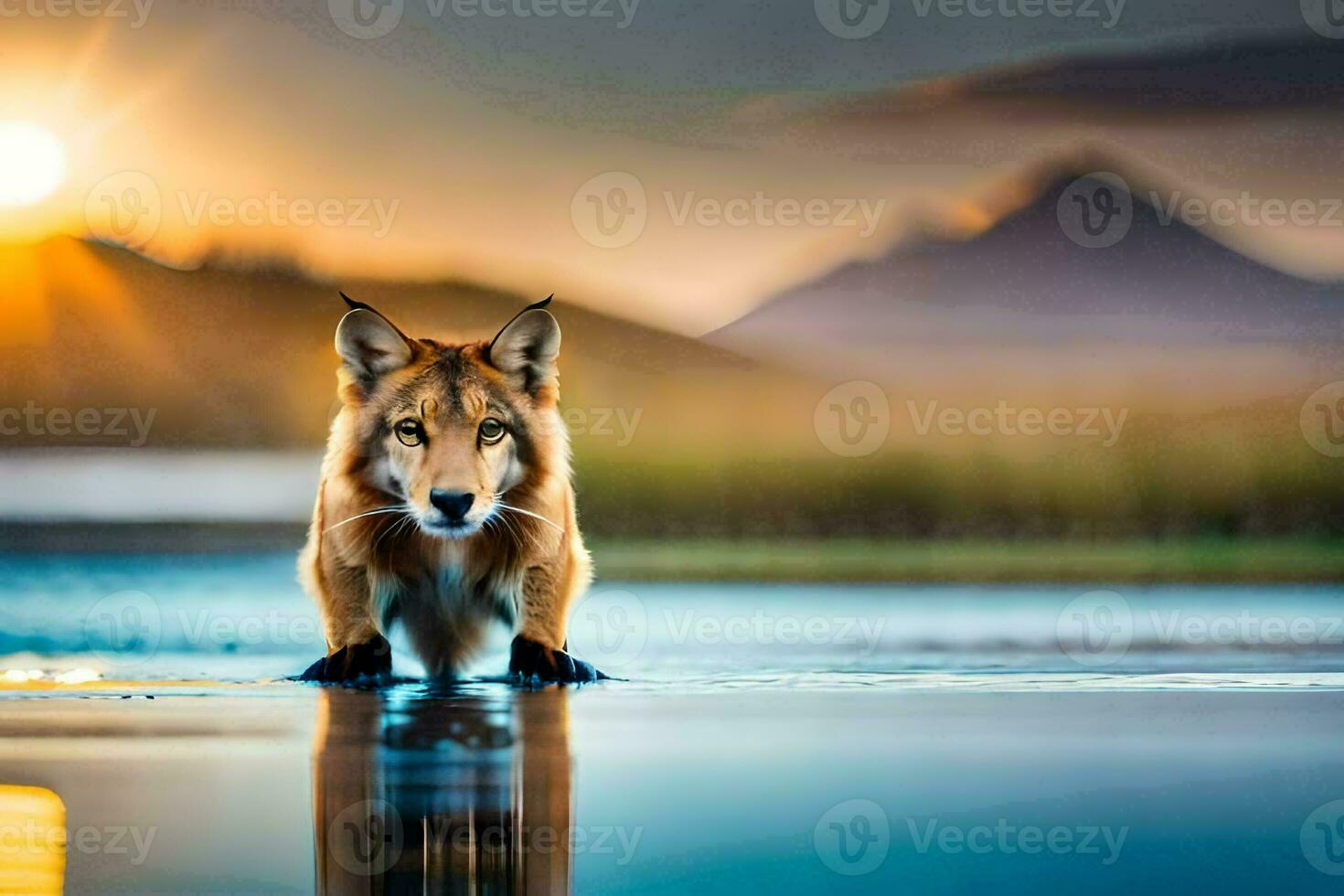 a fox standing in the water at sunset. AI-Generated photo