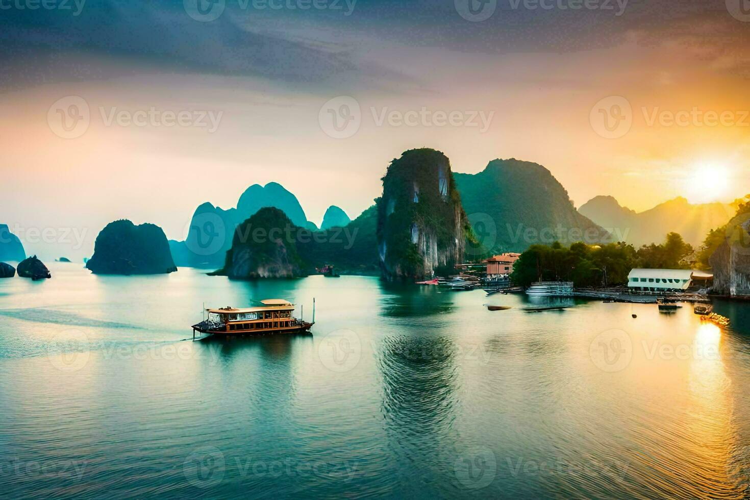 the sun sets over the water in halong bay, vietnam. AI-Generated photo