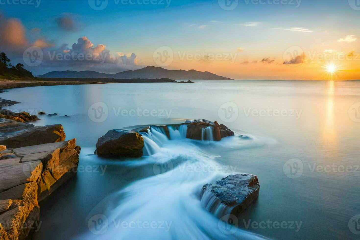 the sun sets over the ocean in this long exposure photo. AI-Generated photo