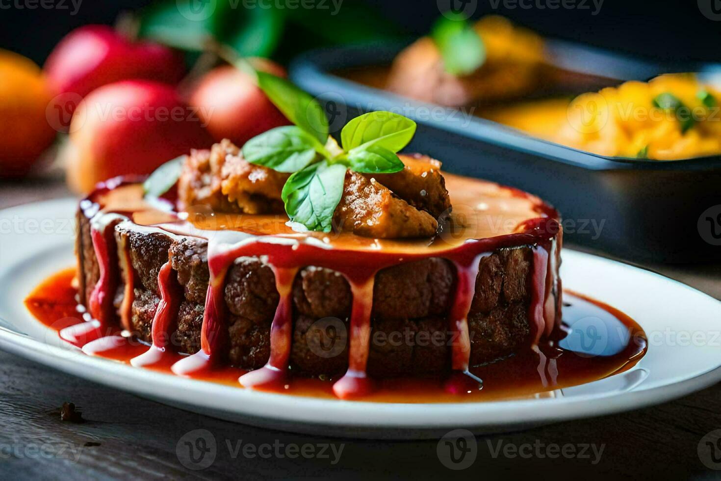 a dessert with meat and sauce on a plate. AI-Generated photo