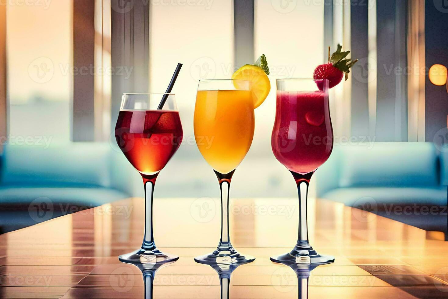 three glasses of different drinks on a table. AI-Generated photo