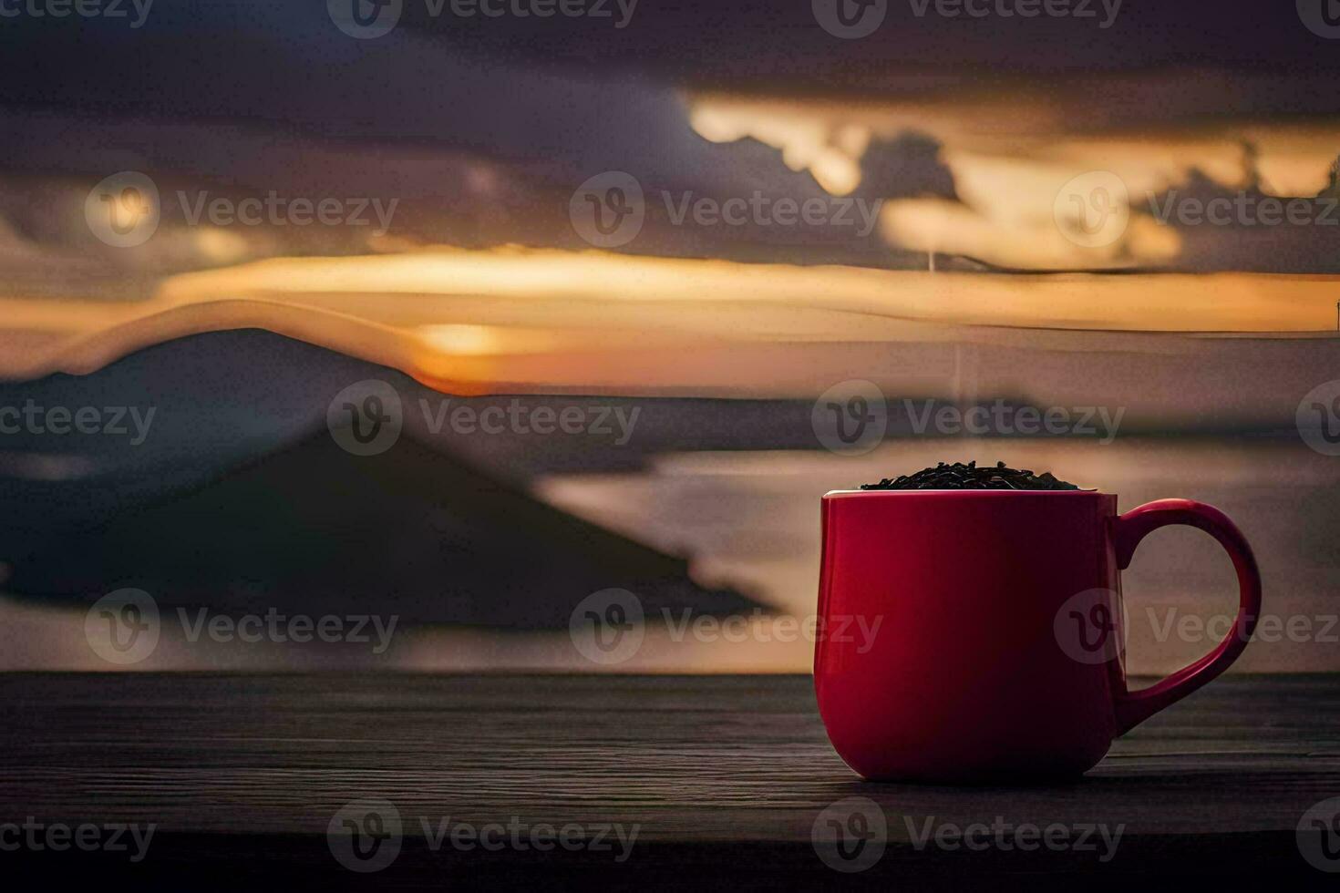 coffee, the sky, mountains, sunrise, the sea, the horizon, the horizon h. AI-Generated photo