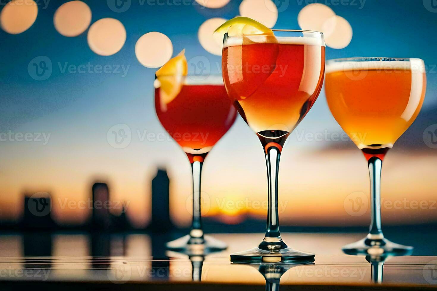 three glasses of alcohol with a sunset in the background. AI-Generated photo