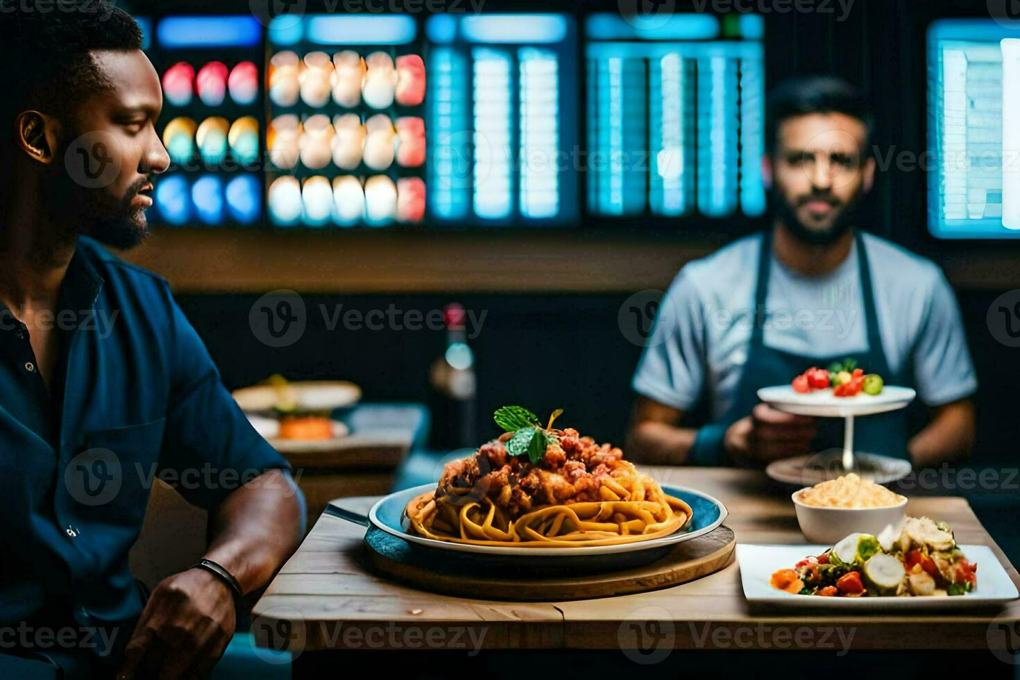 two men sitting at a table with food. AI-Generated photo