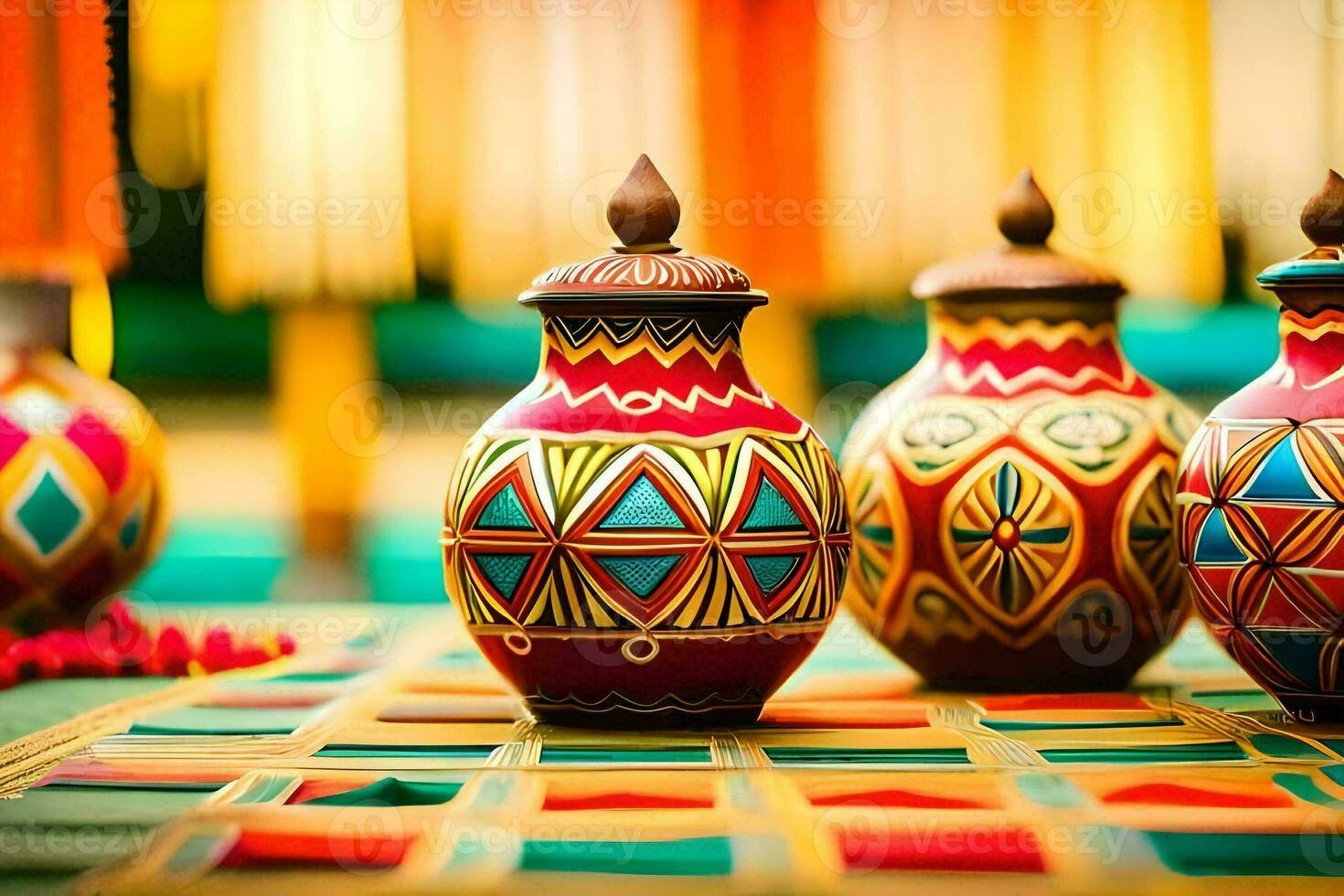 colorful vases on a table with colorful decorations. AI-Generated photo