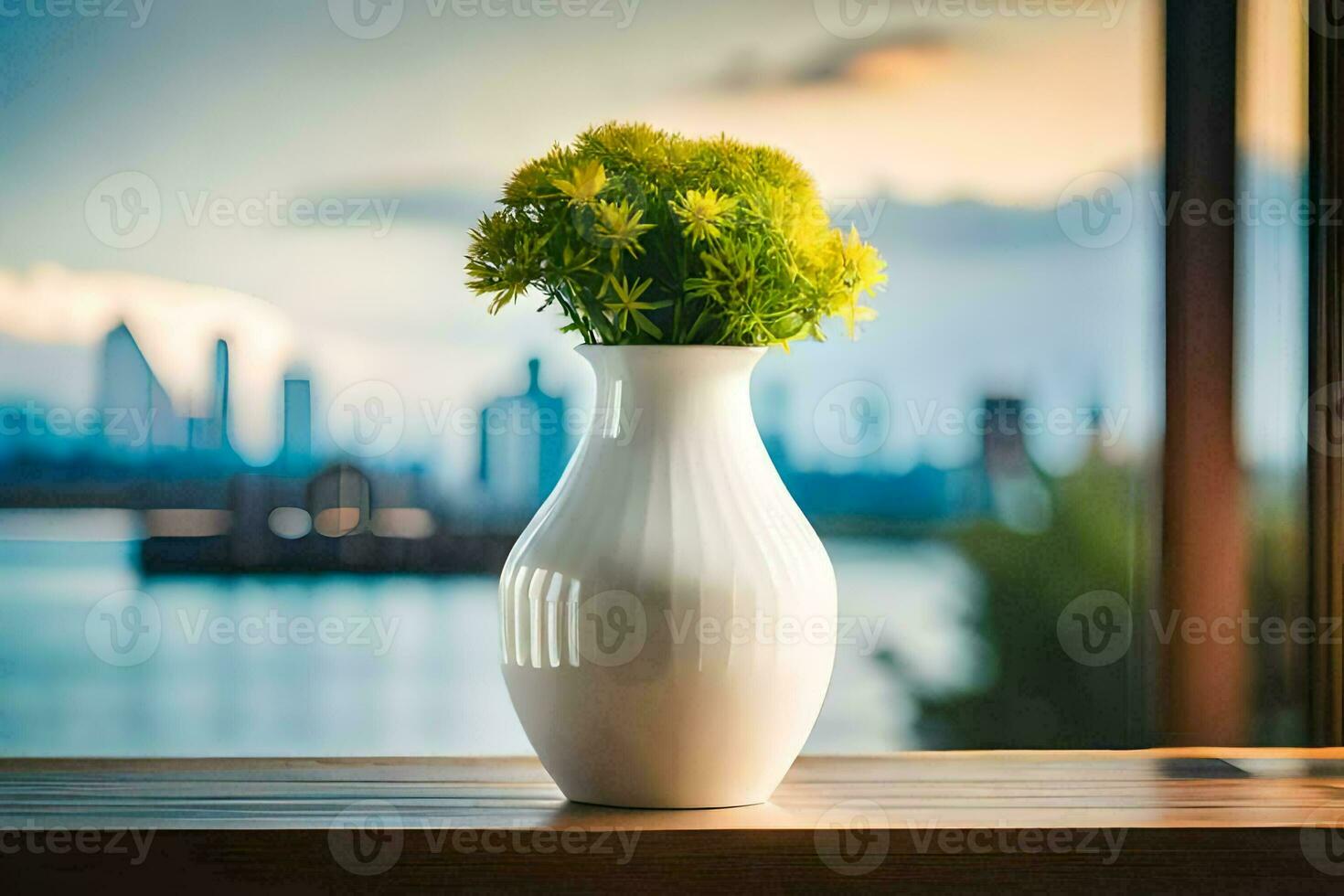 a white vase with yellow flowers sitting on a window sill. AI-Generated photo