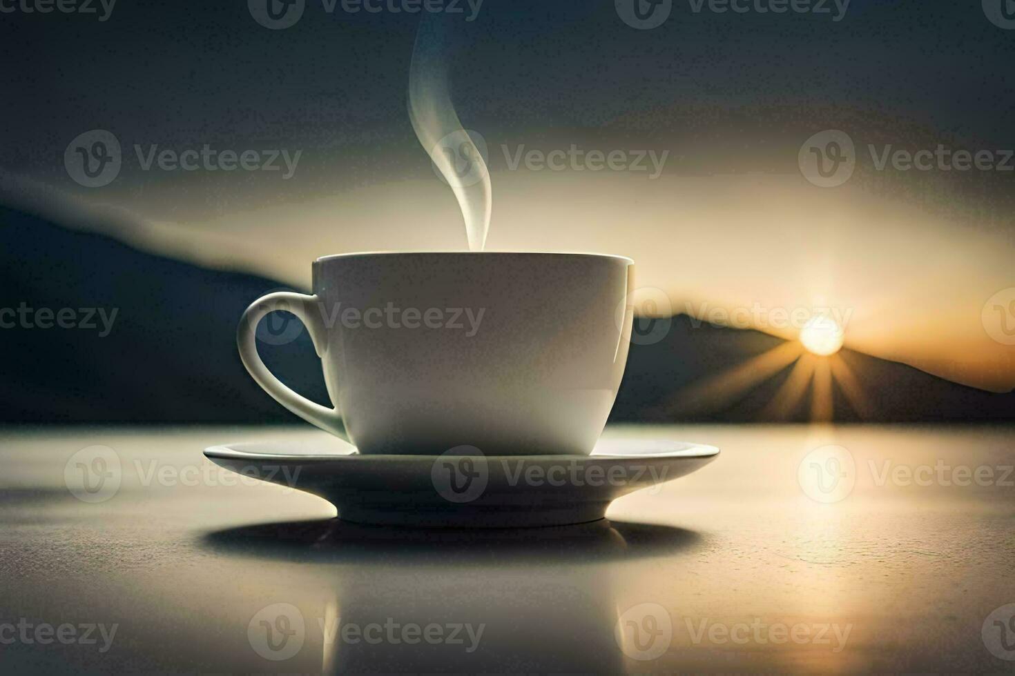 a cup of coffee on a table with the sun setting behind it. AI-Generated photo