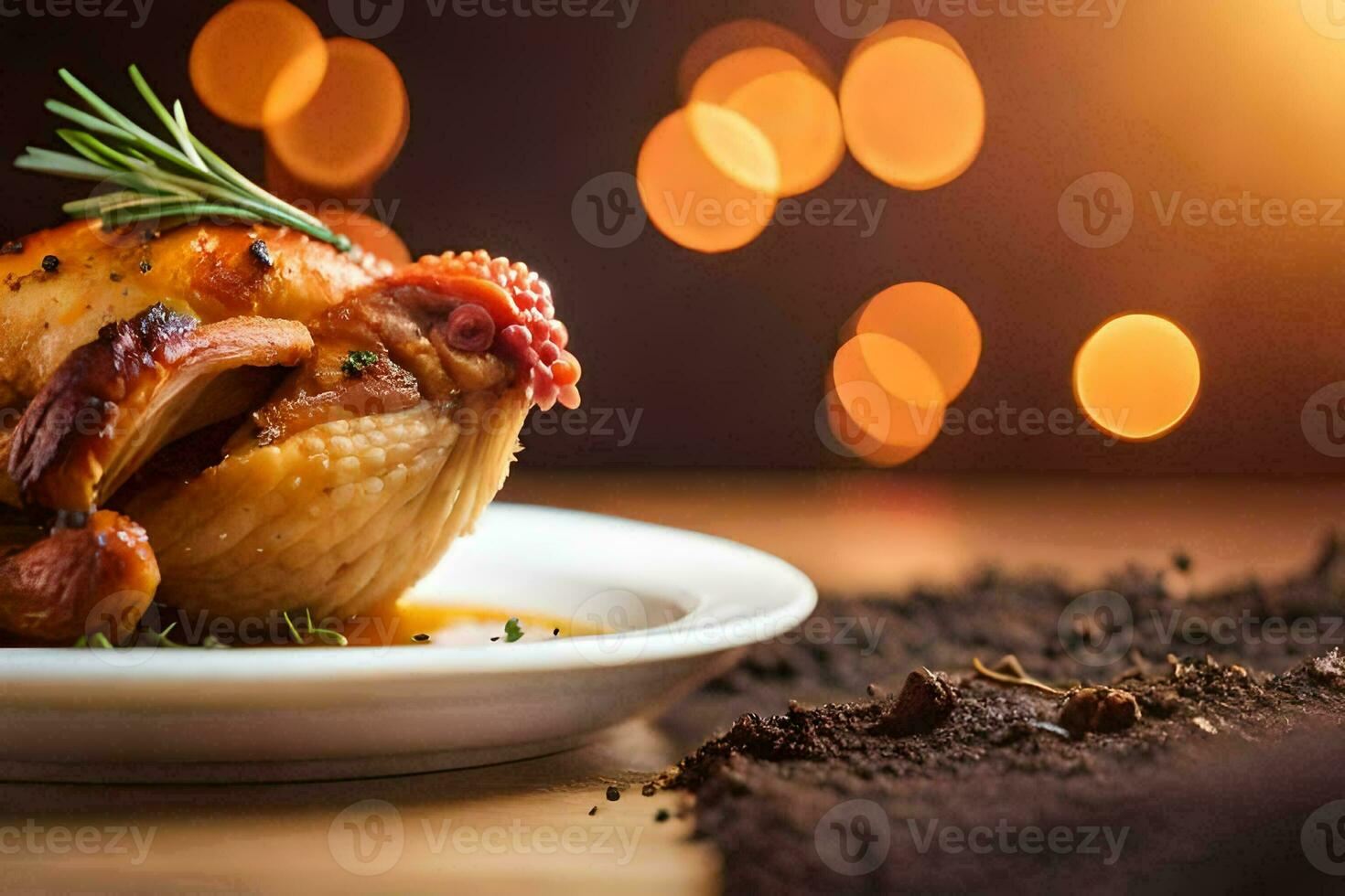 a plate with a chicken on it and a sprig of rosemary. AI-Generated photo