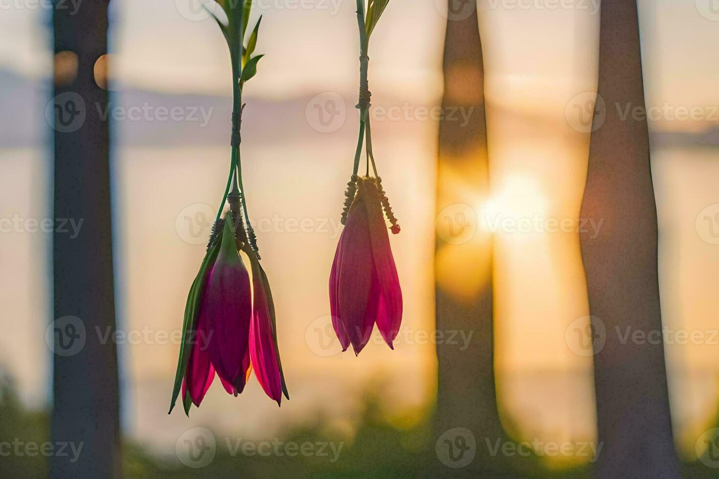 two pink flowers hanging from a tree at sunset. AI-Generated photo