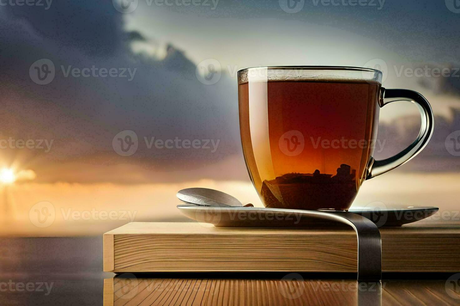 un taza de té en un de madera mesa con un cuchara y un libro. generado por ai foto