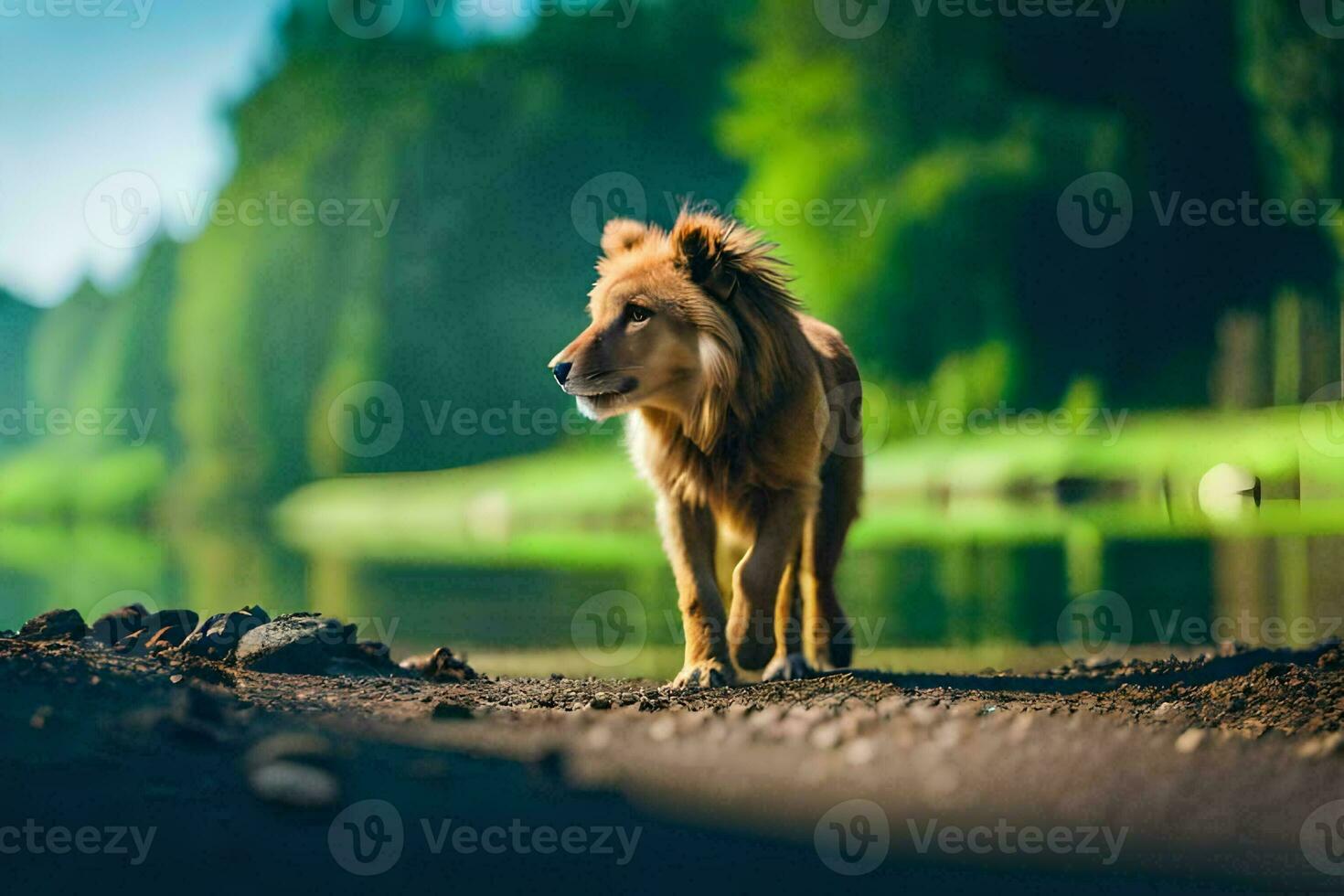 a lion standing on the shore of a lake. AI-Generated photo