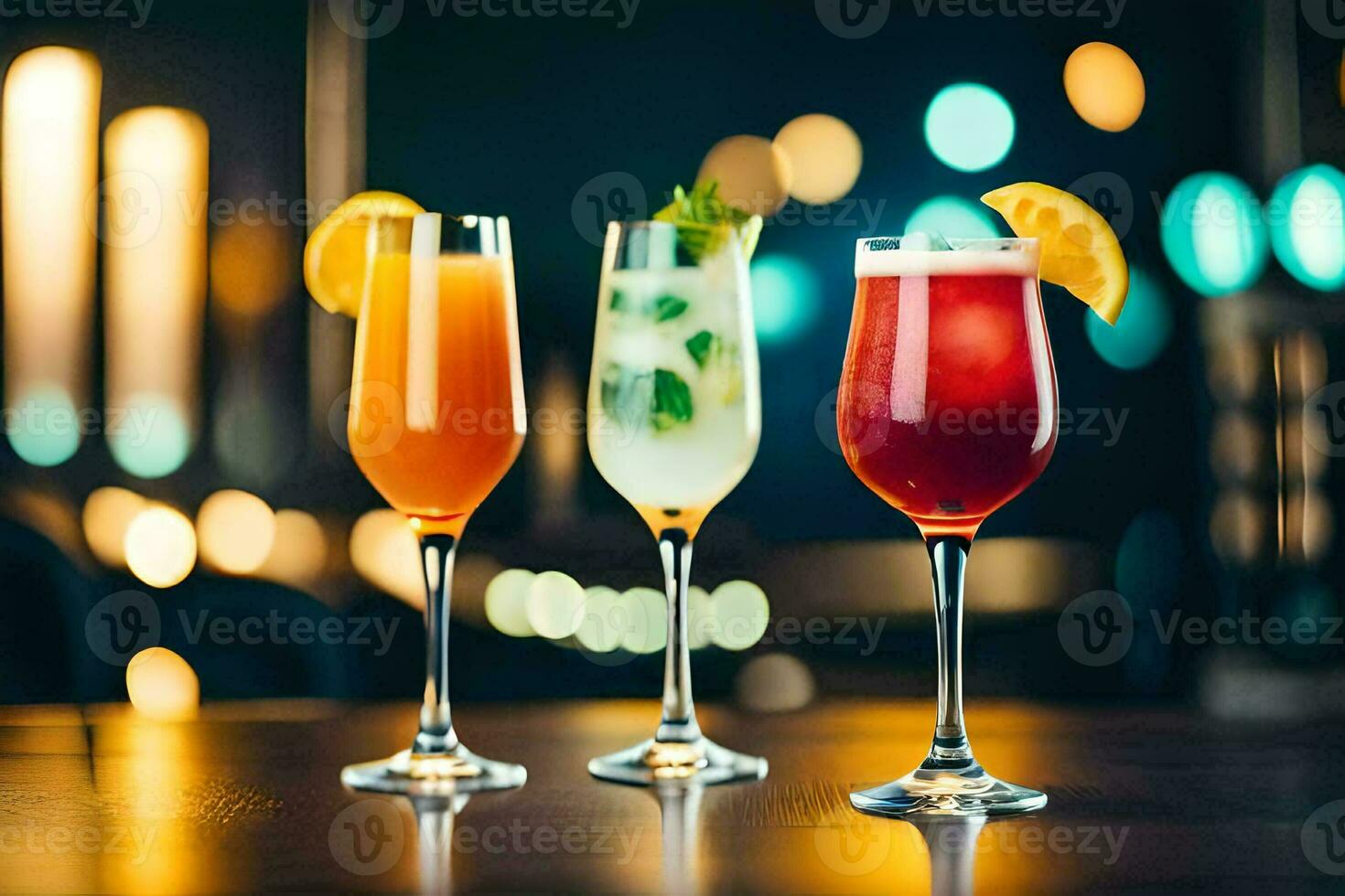 Tres diferente tipos de alcohólico bebidas en un bar encimera. generado por ai foto