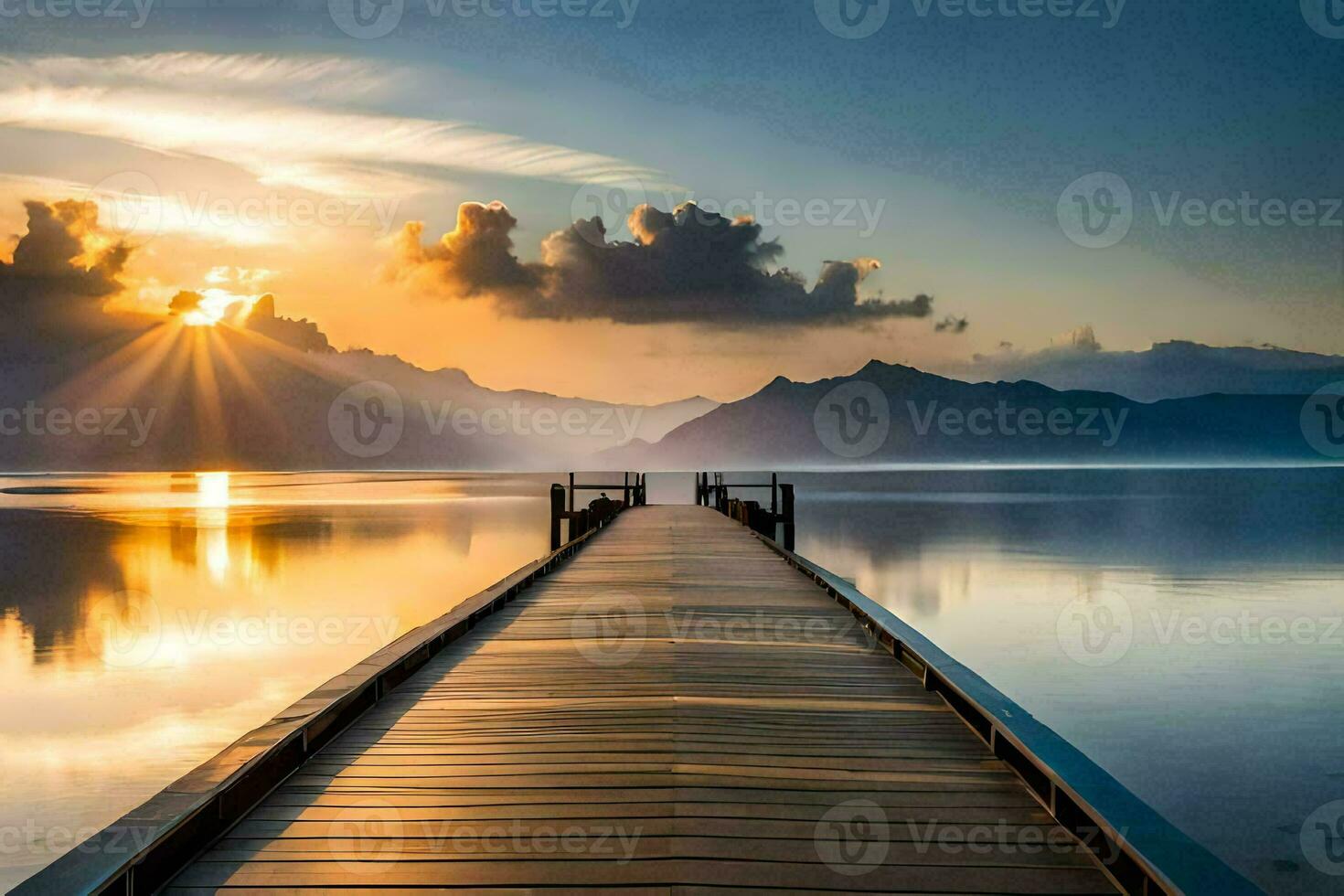 a wooden dock stretches out into the water at sunset. AI-Generated photo