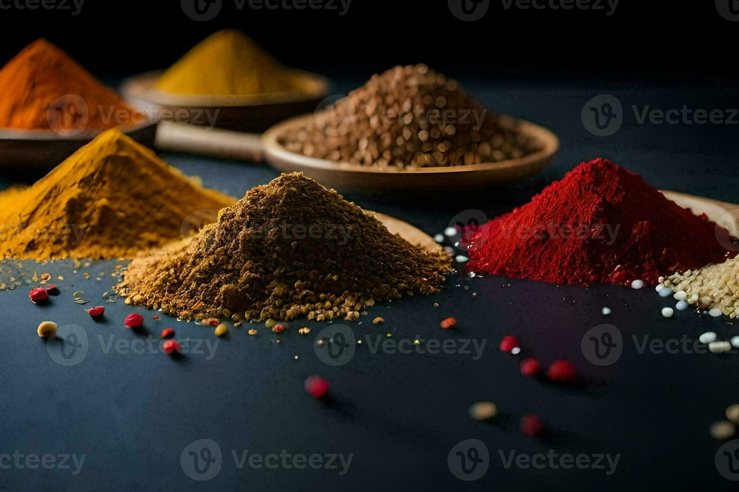 various spices and spices on a black background. AI-Generated photo