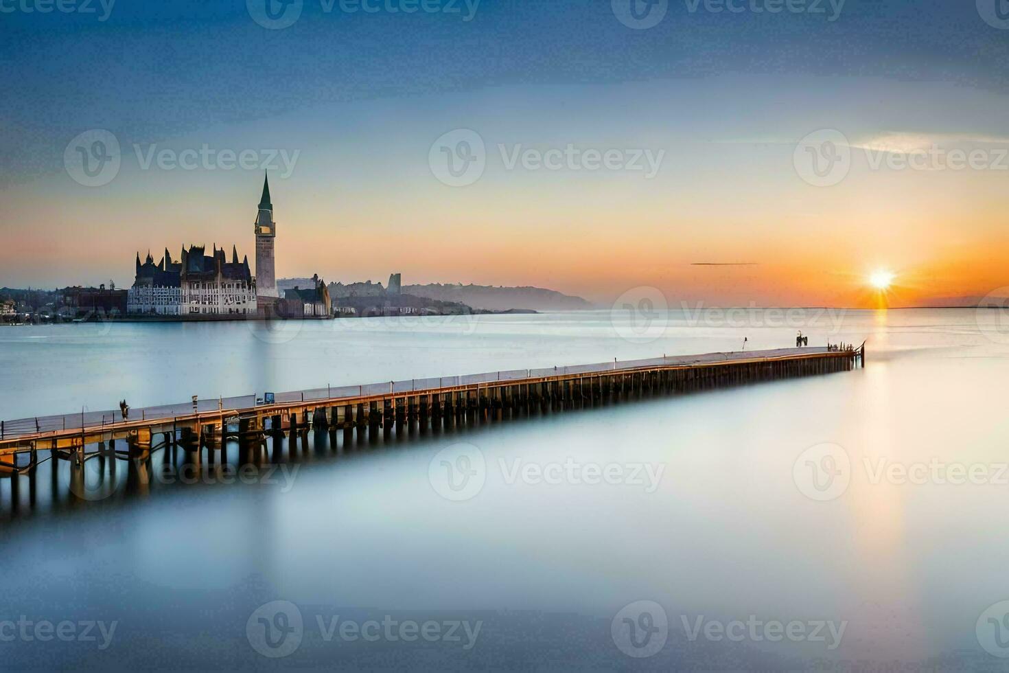 the sun rises over a pier in the water. AI-Generated photo