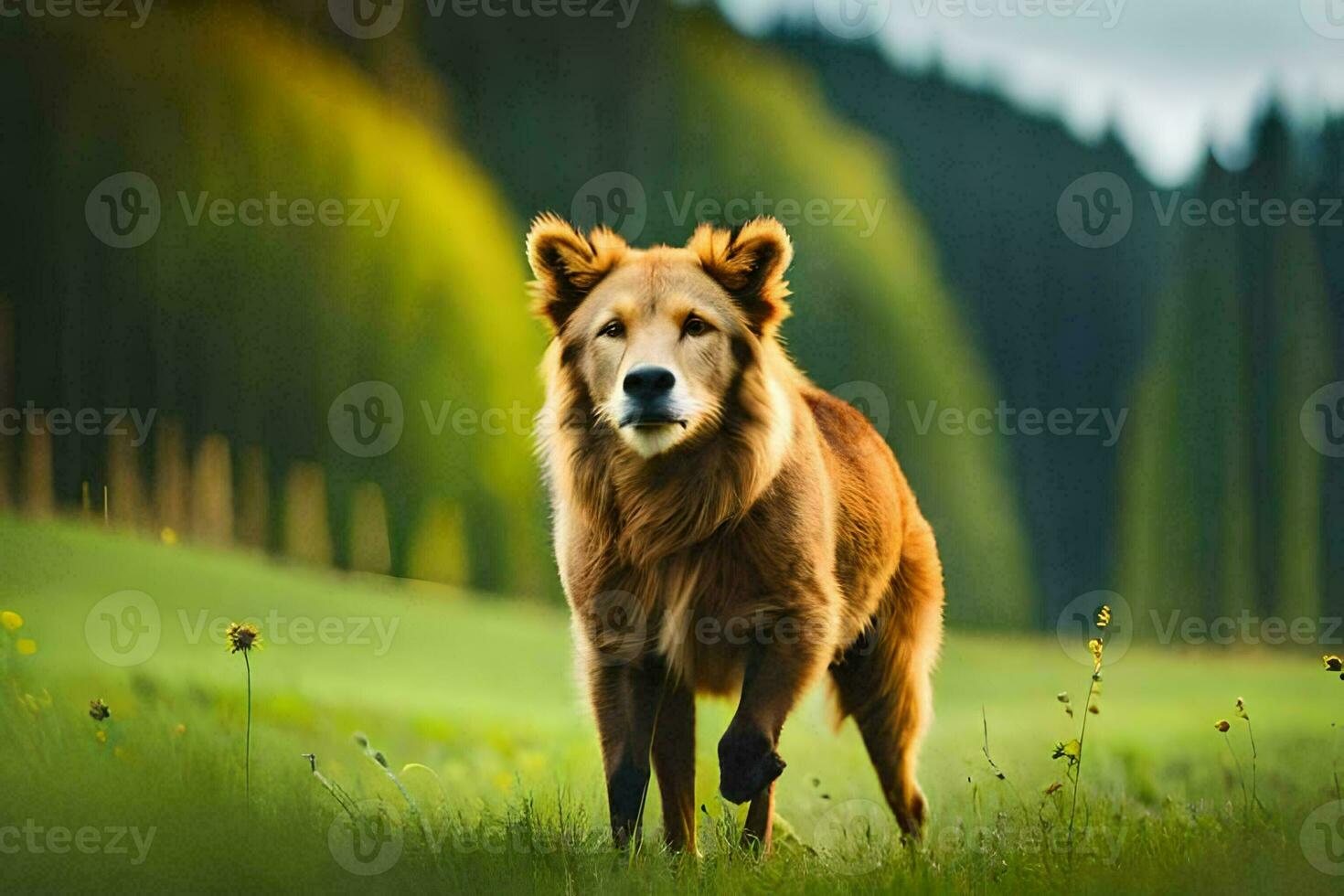 a brown dog is walking through a field. AI-Generated photo