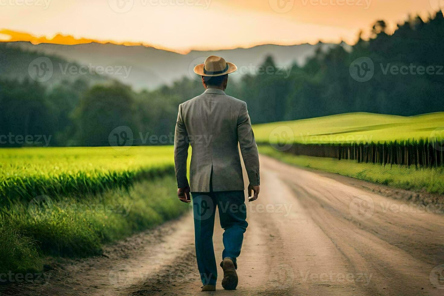 a man in a suit and hat walks down a dirt road. AI-Generated photo