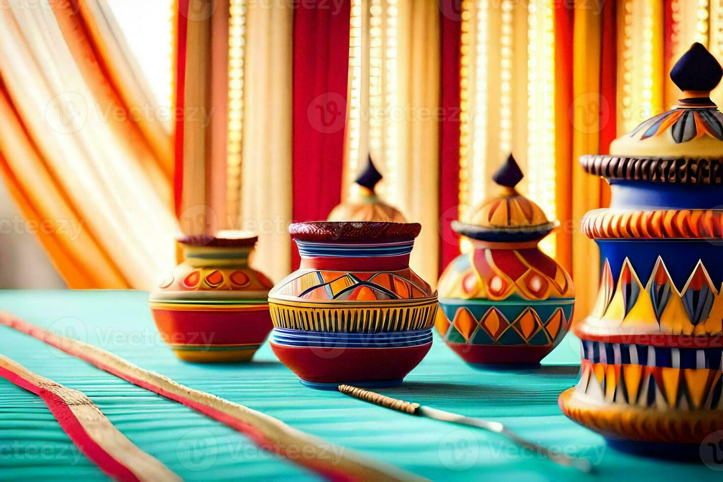 colorful vases on a table with a curtain. AI-Generated photo