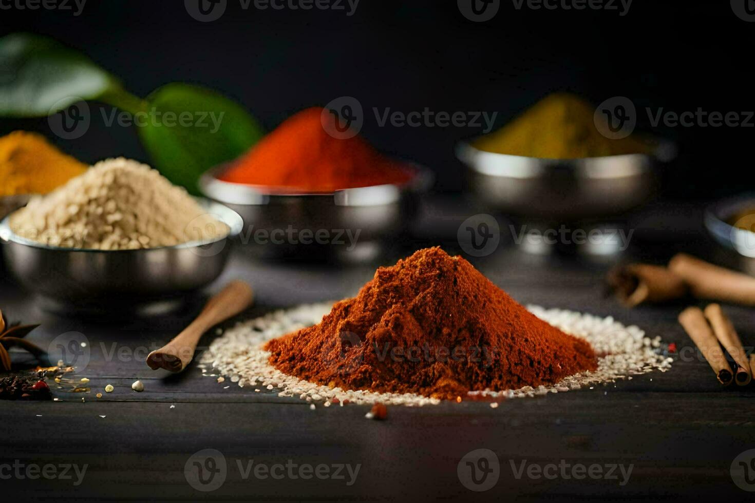 spices and spices on a wooden table. AI-Generated photo