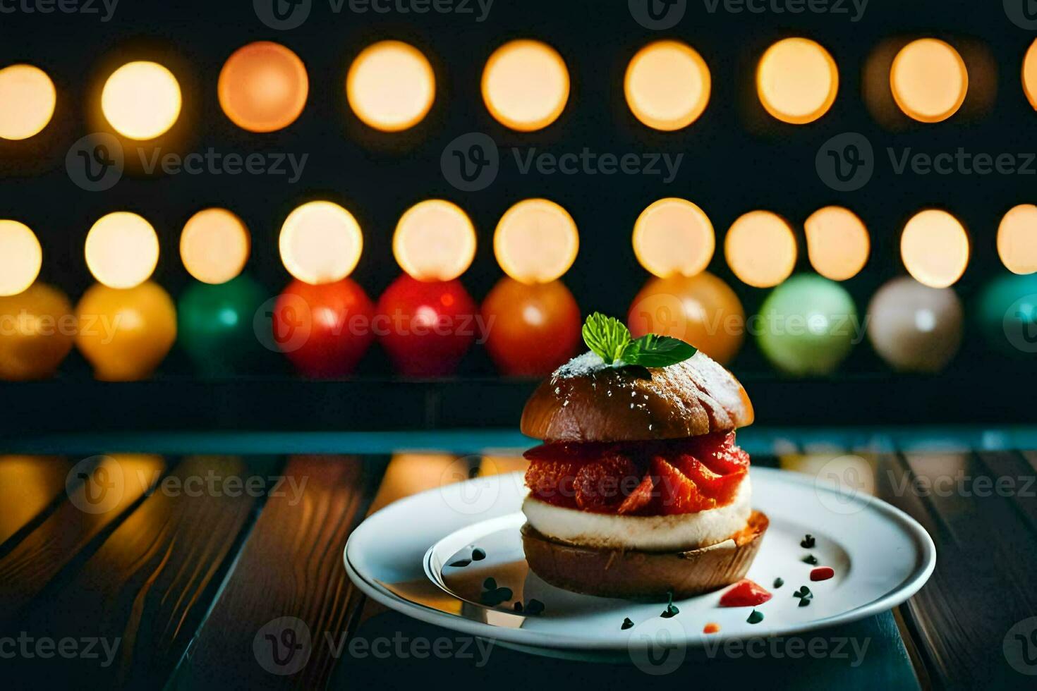 a sandwich on a plate with candles in the background. AI-Generated photo