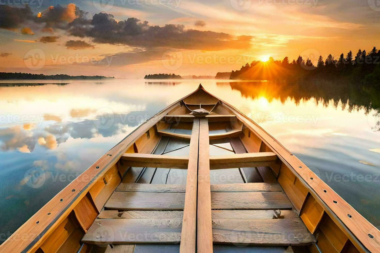 a canoe is floating on the water at sunset. AI-Generated photo