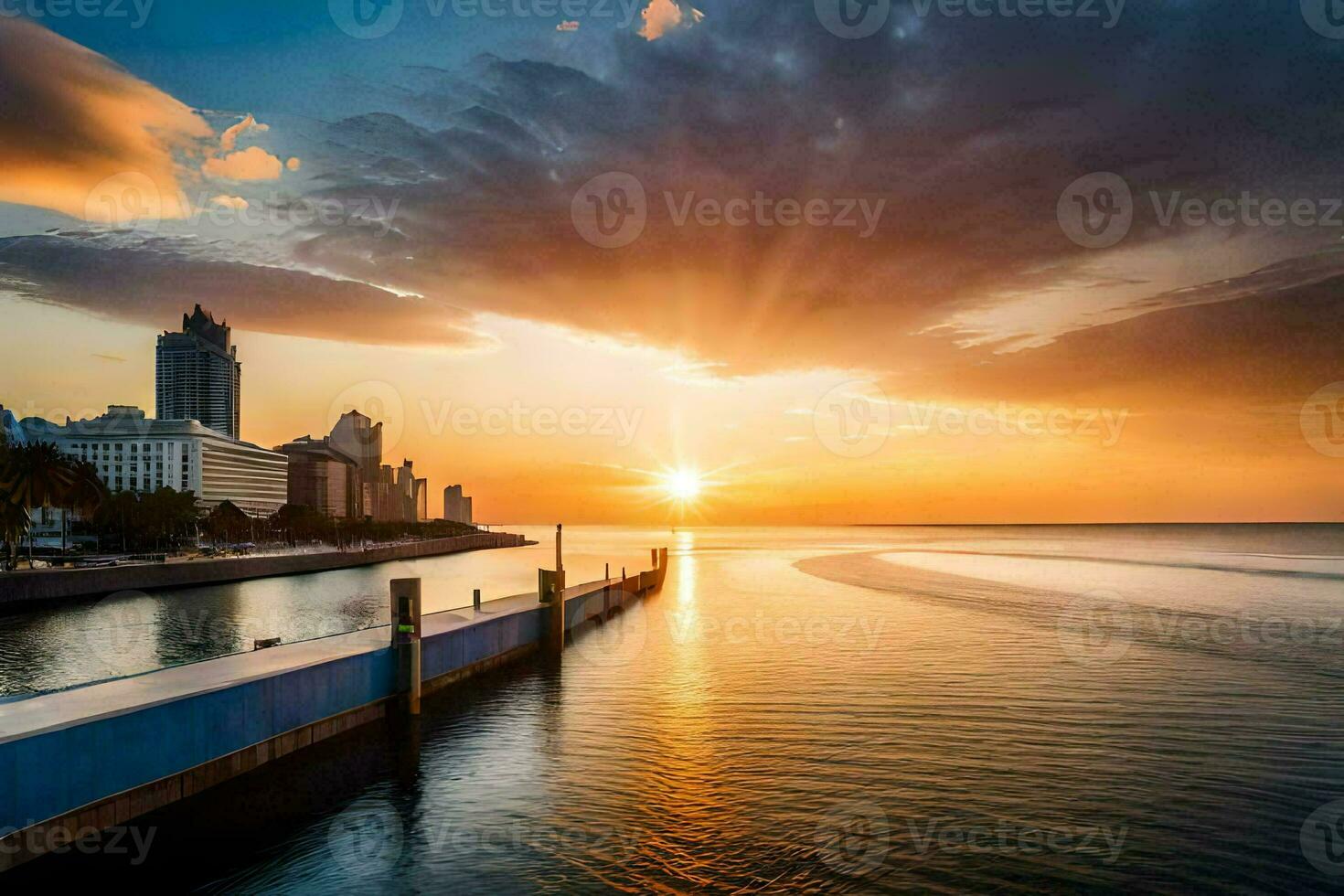 the sun sets over a city skyline and water. AI-Generated photo