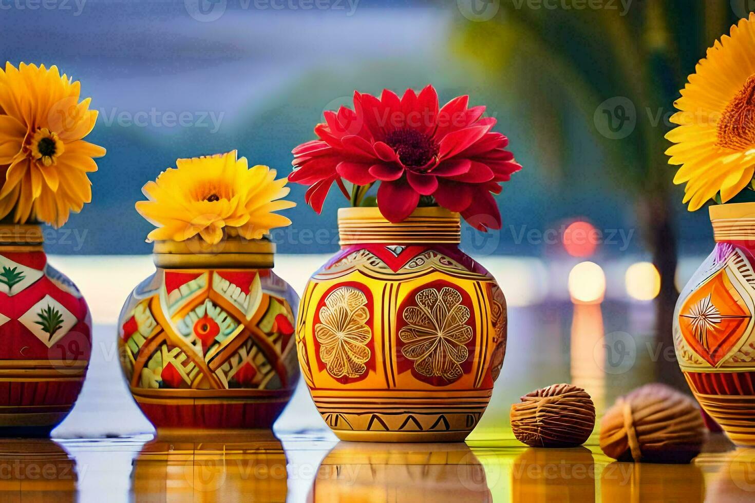 four colorful vases with flowers on a wooden table. AI-Generated photo