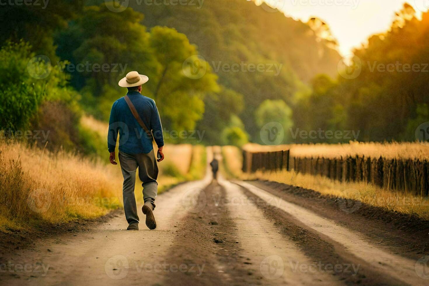 un hombre en un sombrero camina abajo un suciedad la carretera. generado por ai foto