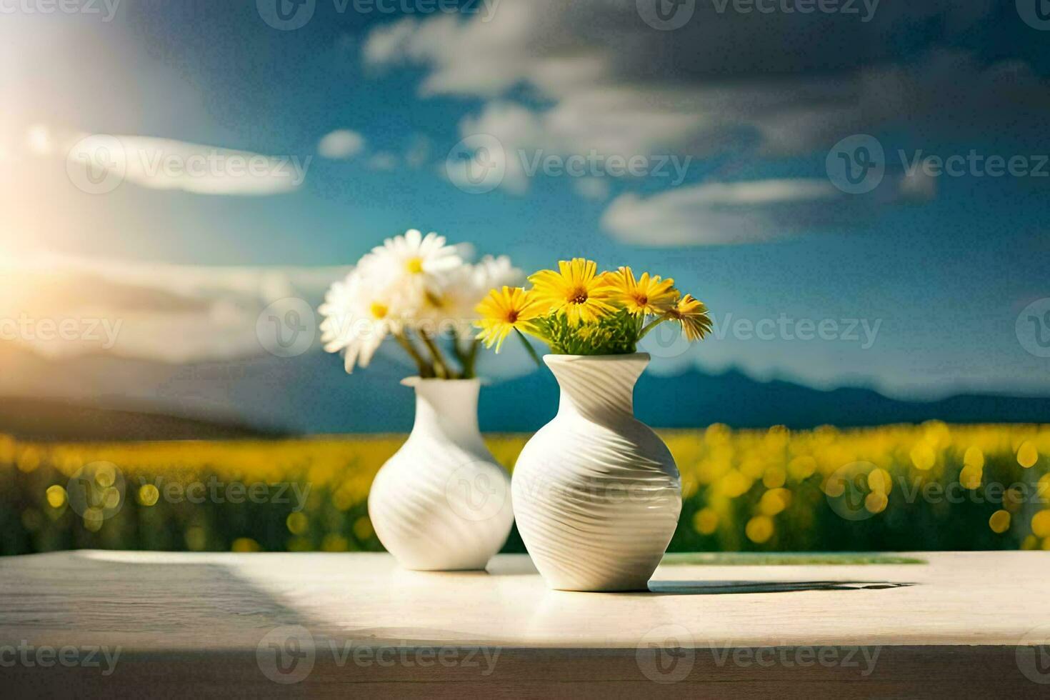 two vases with flowers on a table in front of a field. AI-Generated photo